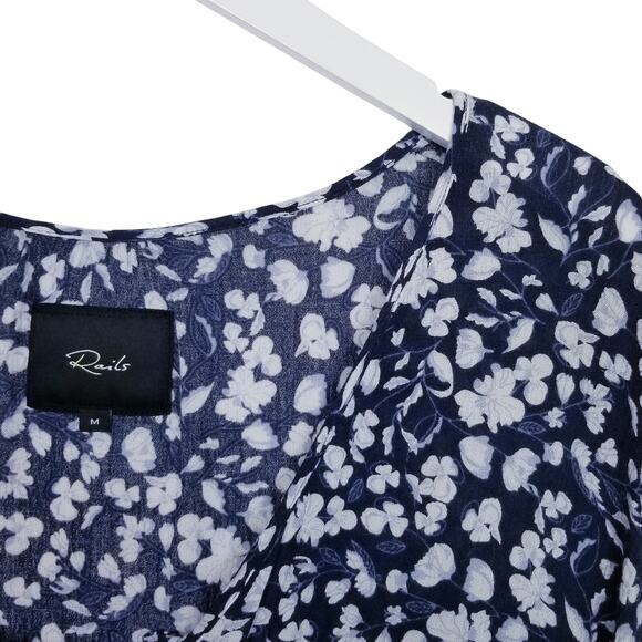 RAILS Navy White Floral Blouse Peplum Tie Waist Flutter Sleeves Size M - Picture 2 of 6